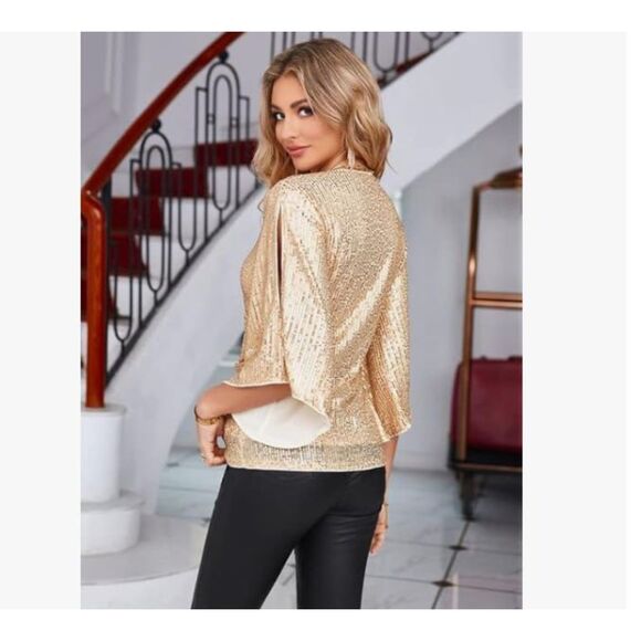 NEW Grace Karin Champagne Sequin Top NWT Size 2XL V-Neck Lined Party Blouse - Picture 2 of 6